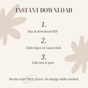May include: A beige graphic with the words "INSTANT DOWNLOAD" at the top. Below, numbered steps explain the process: Buy & download PDF, Click Open in Canva link, and Edit text & post. The text "Works with FREE Canva. No design skills needed" is at the bottom.