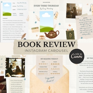 Book Review Instagram Carousel Template | Bookstagram Templates Canva | Cozy Book Journal