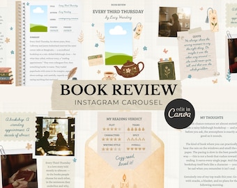 Book Review Instagram Carousel Template | Bookstagram Templates Canva | Cozy Book Journal