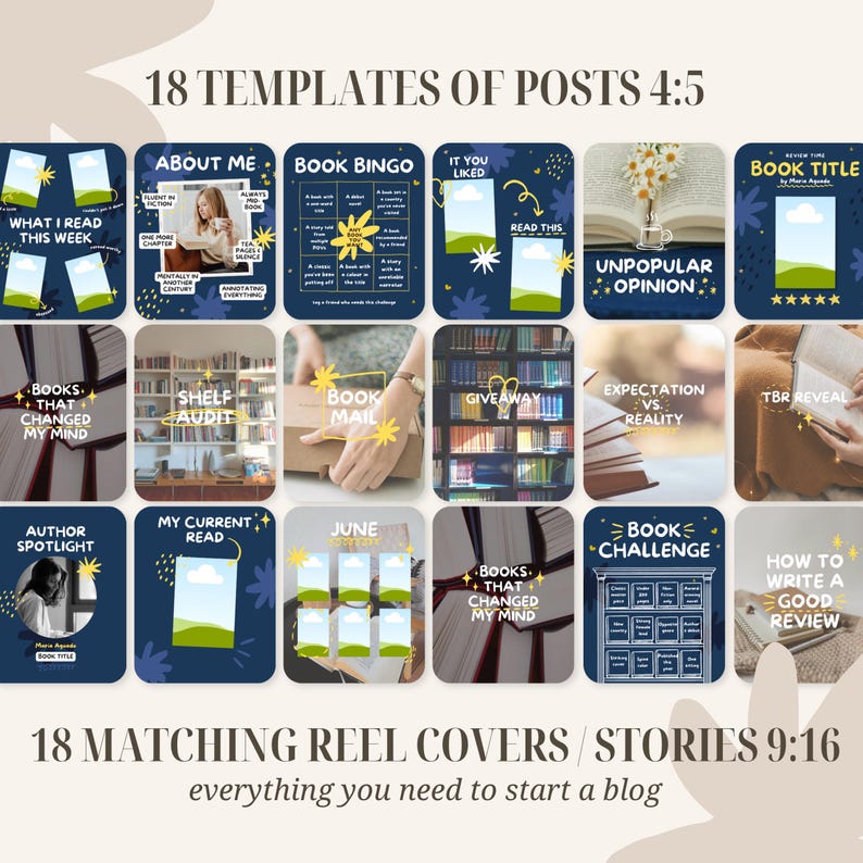 May include: A digital graphic design featuring 18 templates for posts and 18 matching reel covers for a blog. The templates have a dark blue background with white and yellow accents. The text includes "About Me", "Book Bingo", and "How to Write a Good Review".