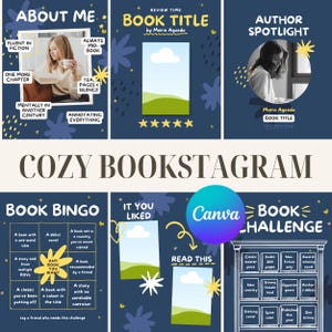 May include: A navy blue graphic with the text "COZY BOOKSTAGRAM" and various book-related prompts. Includes sections titled "About Me," "Book Title," "Author Spotlight," "Book Bingo," "It You Liked," and "Book Challenge."