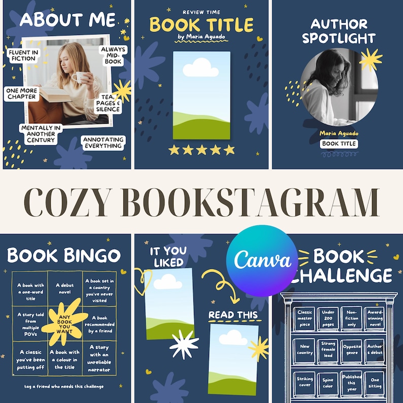 May include: A navy blue graphic with the text "COZY BOOKSTAGRAM" and various book-related prompts. Includes sections titled "About Me," "Book Title," "Author Spotlight," "Book Bingo," "It You Liked," and "Book Challenge."