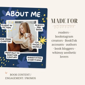 May include: A navy blue graphic with the text "ABOUT ME" and a photo of a person reading a book and drinking tea. Text includes "Fluent in Fiction", "One More Chapter", "Mentally in Another Century", "Always Mid-Book", "Tea, Pages & Silence", and "Annotating Everything".