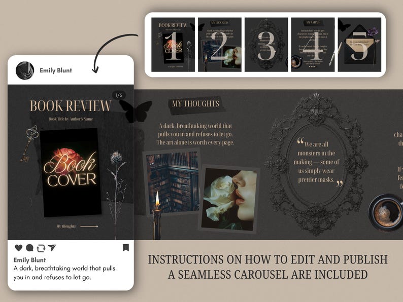 Bookstagram Carousel Template Canva | Book Review Template | Dark ...