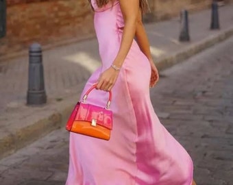 Elegant Satin Backless Pink Long Dress for Women