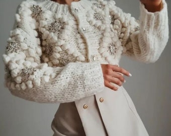 White Sequin Knitted 3d Ball Cardigan Elegant for Women