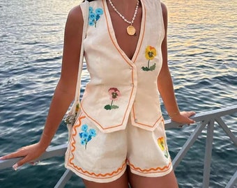 Loose Beach Floral Embroidery Vest Shorts Sets for Women