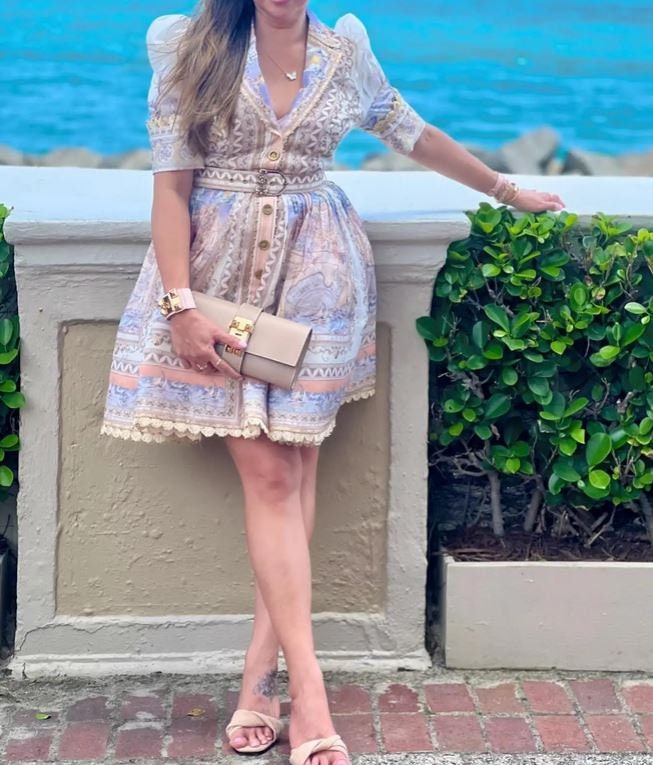 Solid Short Puff Sleeve Dress With Plunged V Neck Line