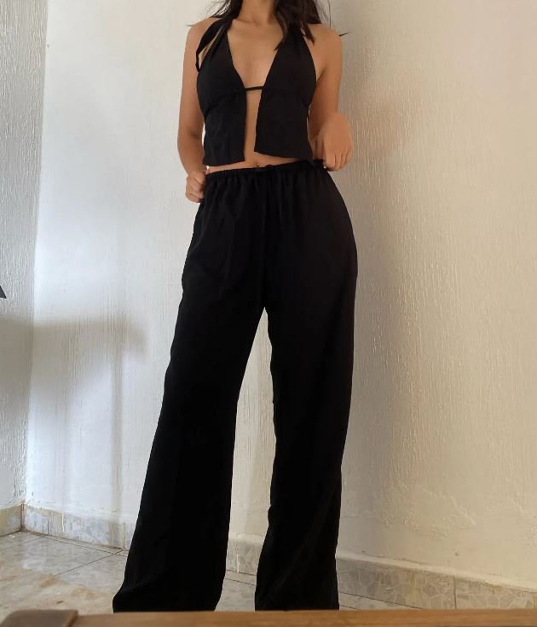 Fashion casual halter neck solid color sleeveless wide-leg pants set main image 1