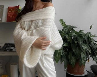 Pull surdimensionné tricoté à épaules dénudées et col oblique pour femme