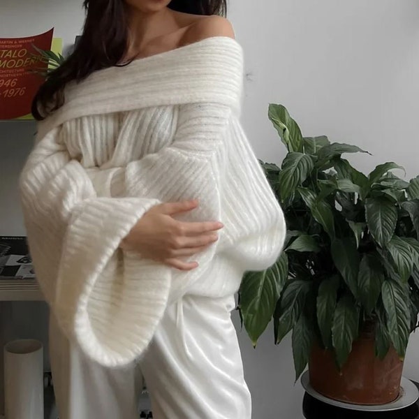 Off-Shoulder Slash Neck Knitted Sweater for Women
