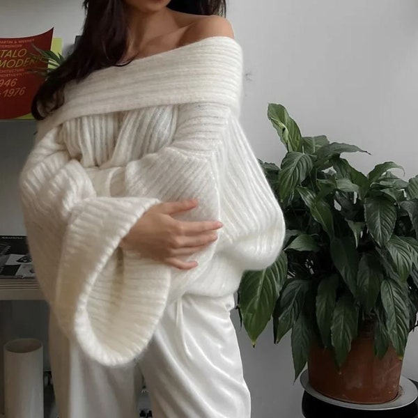 Oversize Knitted  Off Shoulder Slash Neck Pullover Sweater For Women