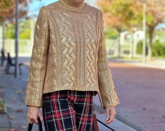 Metallic Golden Knit Turtleneck Sweater For Women