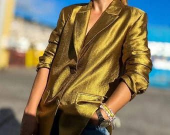 Loose Gold V Neck Long Sleeve Button Up Blazer for Women