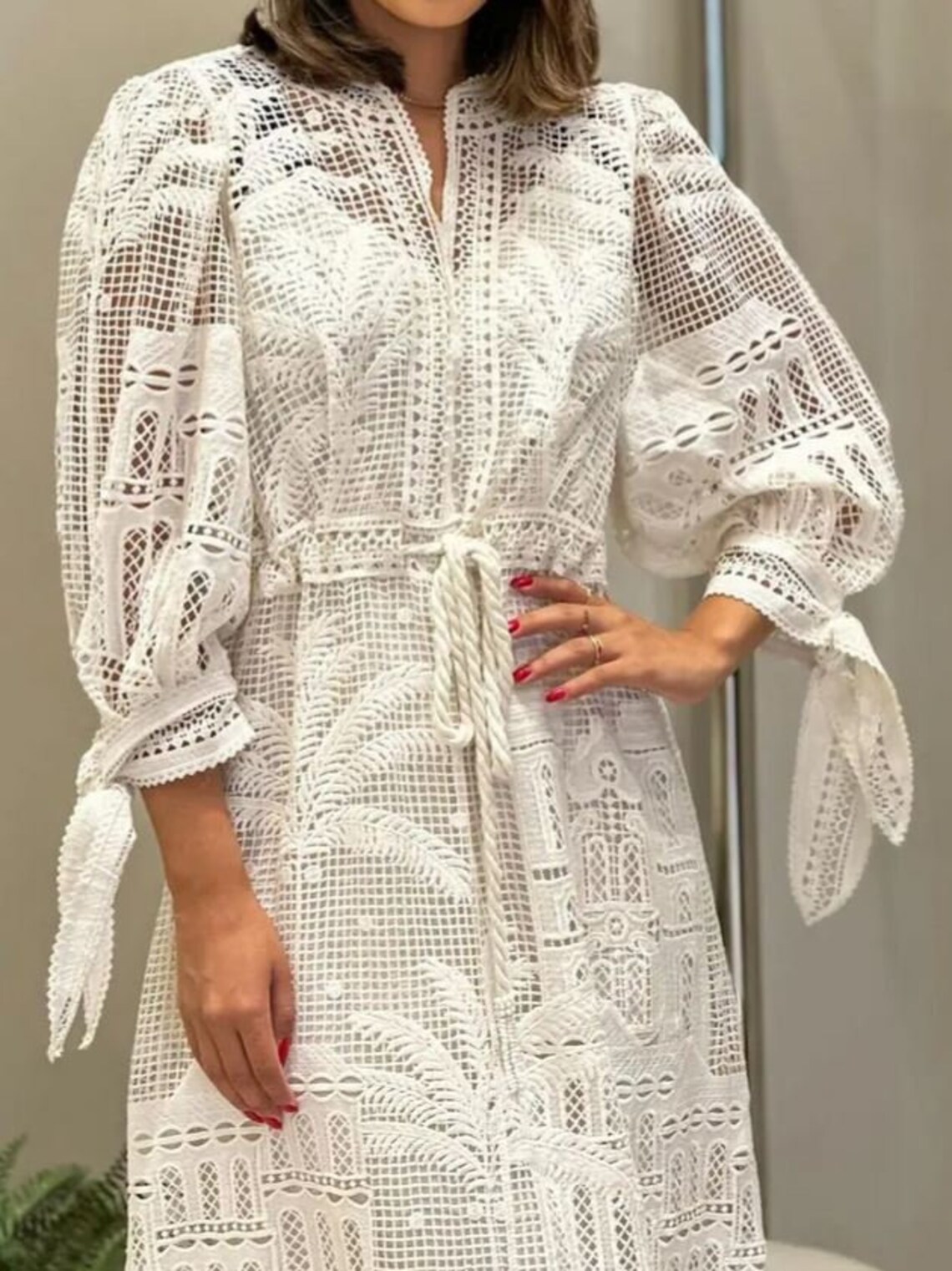 Elegant V Neck Mesh Sheer Long Sleeve High Waist A-line Lace Midi Dress for Women - Etsy