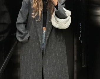 Oversized Woolen Long Grey Striped Thick Coat for Women