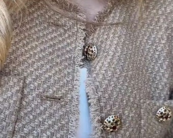 Cropped  Button Frayed Jacket O-neck Pocket Tweed Jacket Long Sleeve  Jacket for Women
