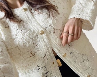 Elegant White Floral Knitted Cardigan for Women