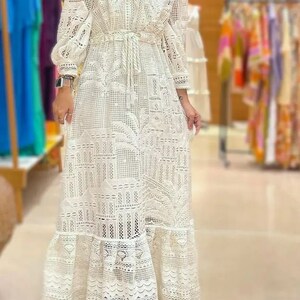 Elegant V Neck Mesh Sheer Long Sleeve High Waist A-line Lace Midi Dress for Women - Etsy
