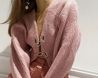 Pink Loose Cropped Knit Cardigan For Women