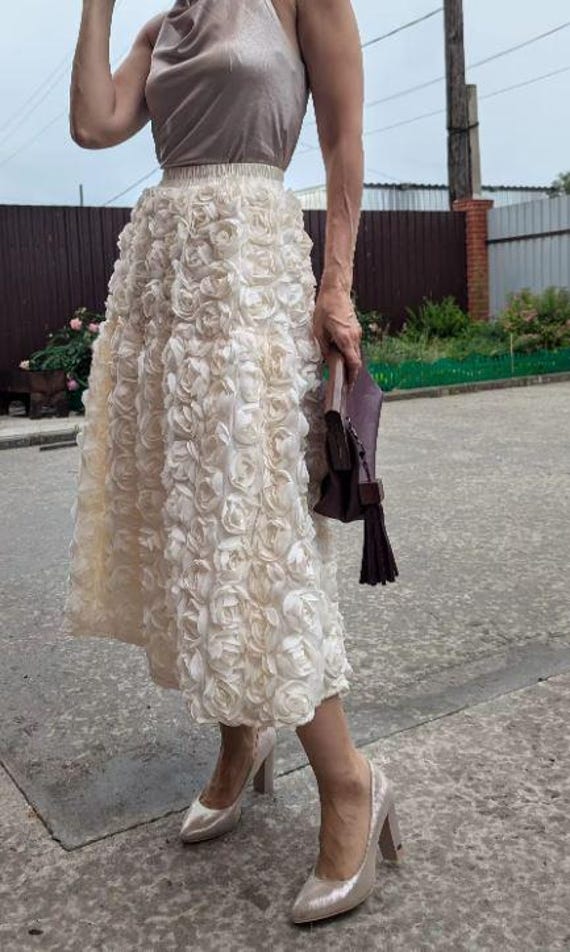 Elegant 3D Floral Elastic High Waist White Skirt for Women Etsy