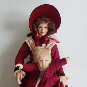 Vintage Porcelain dolls &quot;Loving Steps&quot; by Sandra Kuck, &quot;Precious Memories of Motherhood&quot; collection, in RARE RED Victorian Dresses (81)