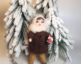 Handmade Cotton Wool Doll, Small Christmas Ornament (6"/16cm)