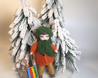 Handmade Cotton Wool Doll, Small Christmas Ornament (6"/16cm)