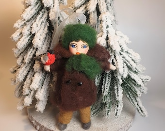 Handmade Cotton Wool Doll, Small Christmas Ornament (6"/16cm)