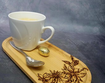 Tablett für Kaffee aus Bambus | Frühstückstablett | Dekotablett mit Blumenmuster