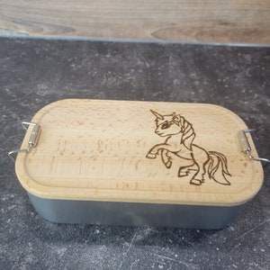 Metall Lunchbox personalisiert mit Holzdeckel Einhorn handgebrannt heimisches Buchenholz Mädchentraum Bild 7