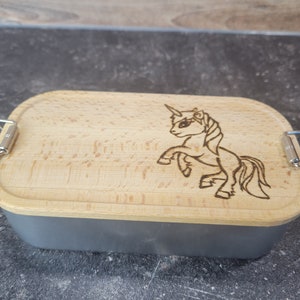 Metall Lunchbox personalisiert mit Holzdeckel Einhorn handgebrannt heimisches Buchenholz Mädchentraum Bild 4