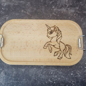 Metall Lunchbox personalisiert mit Holzdeckel Einhorn handgebrannt heimisches Buchenholz Mädchentraum Bild 1