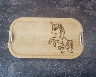 Metall Lunchbox personalisiert mit Holzdeckel | Einhorn handgebrannt | heimisches Buchenholz | Mädchentraum