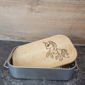 Metall Lunchbox personalisiert mit Holzdeckel Einhorn handgebrannt heimisches Buchenholz Mädchentraum Bild 9