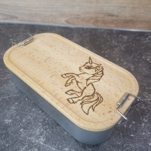 Metall Lunchbox personalisiert mit Holzdeckel Einhorn handgebrannt heimisches Buchenholz Mädchentraum Bild 6