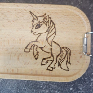 Metall Lunchbox personalisiert mit Holzdeckel Einhorn handgebrannt heimisches Buchenholz Mädchentraum Bild 8