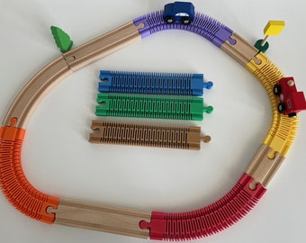 Flexible track for wood trains. Make easy connections, no frustration! Compatible with Brio, Thomas the Train, and similar. 8” in length