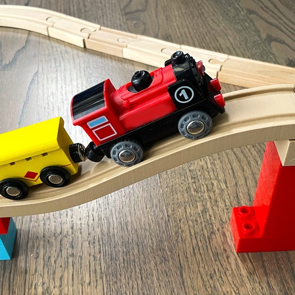 Lego Duplo connectors and elevated track for wooden train bridges, Compatible with Brio, Thomas the Train, Hape, BigJigs and IKEA Lillabo.