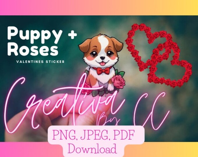 Adorable Puppy & Roses Valentines Day Sticker: A Cute Surprise for Your Loved Ones!