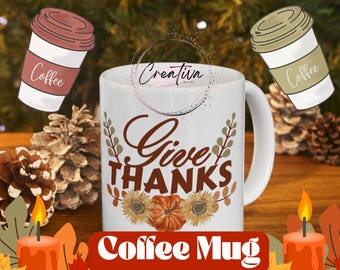 Give Thanks Mug | Thanksgiving Floral Sunflower Ceramic Mug