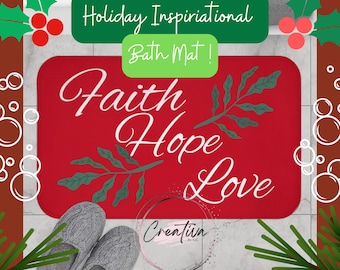 Faith Hope Love Bath Mat – Christian Christmas Bathroom Decor – Inspirational Red Holiday Mat