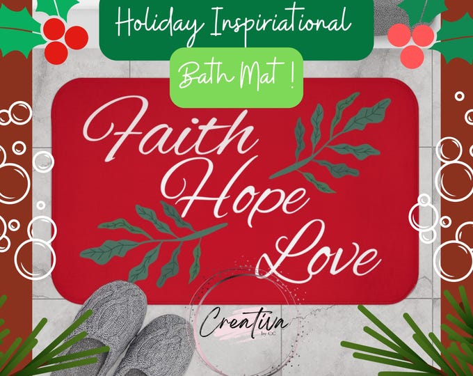 Faith Hope Love Bath Mat – Christian Christmas Bathroom Decor – Inspirational Red Holiday Mat