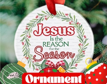 Jesus Is the Reason for the Season Ornament | Christian Christmas Tree Decoration | Acrylic Faith-Based Gift with Red Ribbon