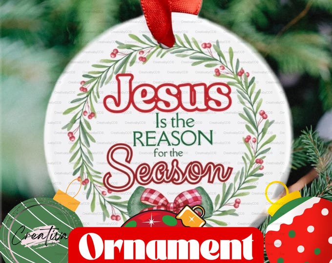 Jesus Is the Reason for the Season Ornament | Christian Christmas Tree Decoration | Acrylic Faith-Based Gift with Red Ribbon