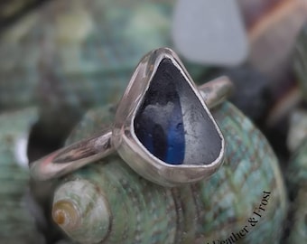 Clear &amp; Blue Multi Sea Glass Silver Ring: UK Size Q