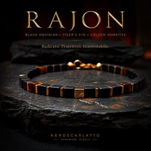 RAJON – Armband met zwarte obsidiaan, tijgeroog en gouden hematiet, 5 mm kubussen, staal, handgemaakt in Italië