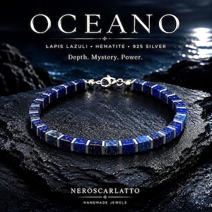 OCEANO – Bracciale uomo con cubetti di lapislazzuli, ematite argentata e chiusura in argento 925  su misura – fatto a mano –  Made in Italy