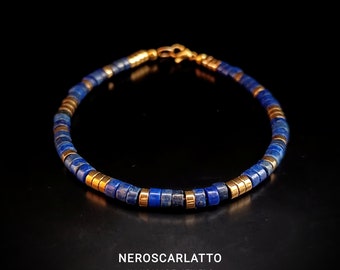 Pulsera de hombre con cuentas de lapislázuli y piedra hematita dorada
