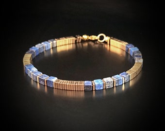 14K Gold Men&#39;s Beaded Bracelet with Lapis Lazuli and Hematite, Natural Stones with Spiral Effect, Original and Personalized Gift